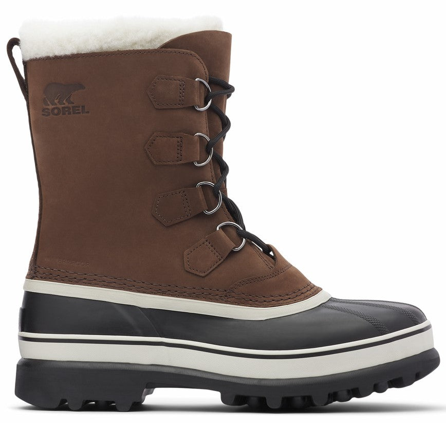 Brown snow boot with black sole and white trim, laced with silver rings and visible fur lining.