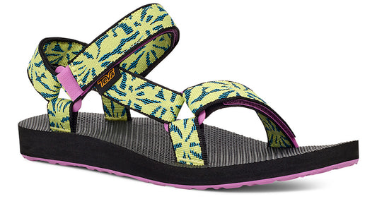 Sandals with light green straps with blue leaf design and pink accents.