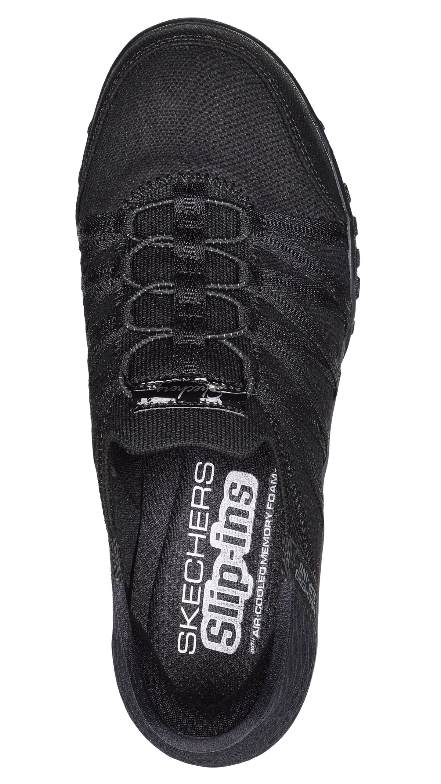 Top view of a black slip-on shoe with bungee laces and 'SKECHERS SLIP-INS AIR-COOLED MEMORY FOAM' label.