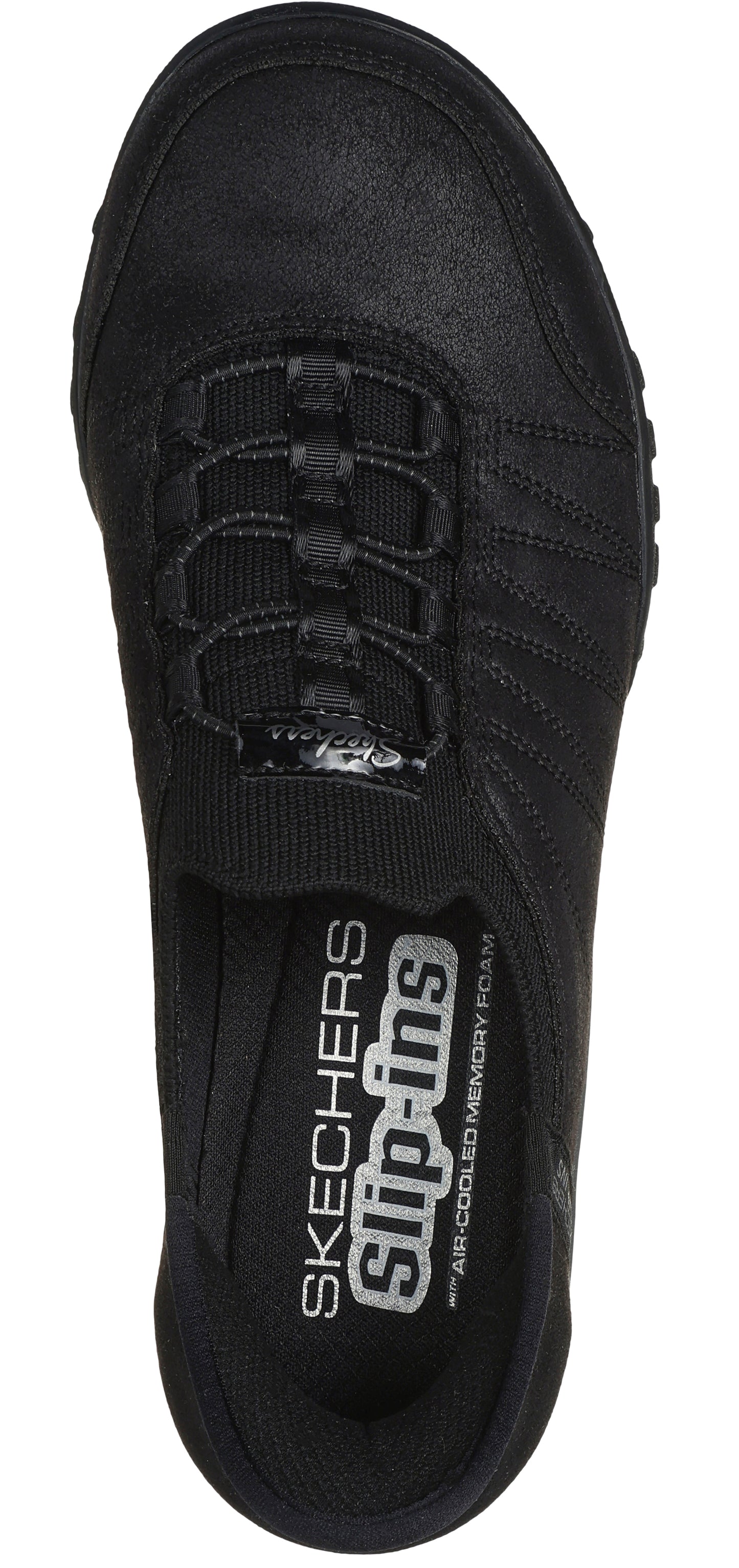 black slip-on shoe with elastic straps