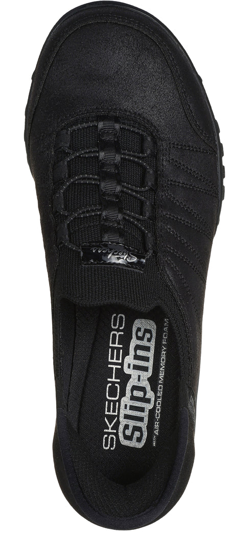 black slip-on shoe with elastic straps