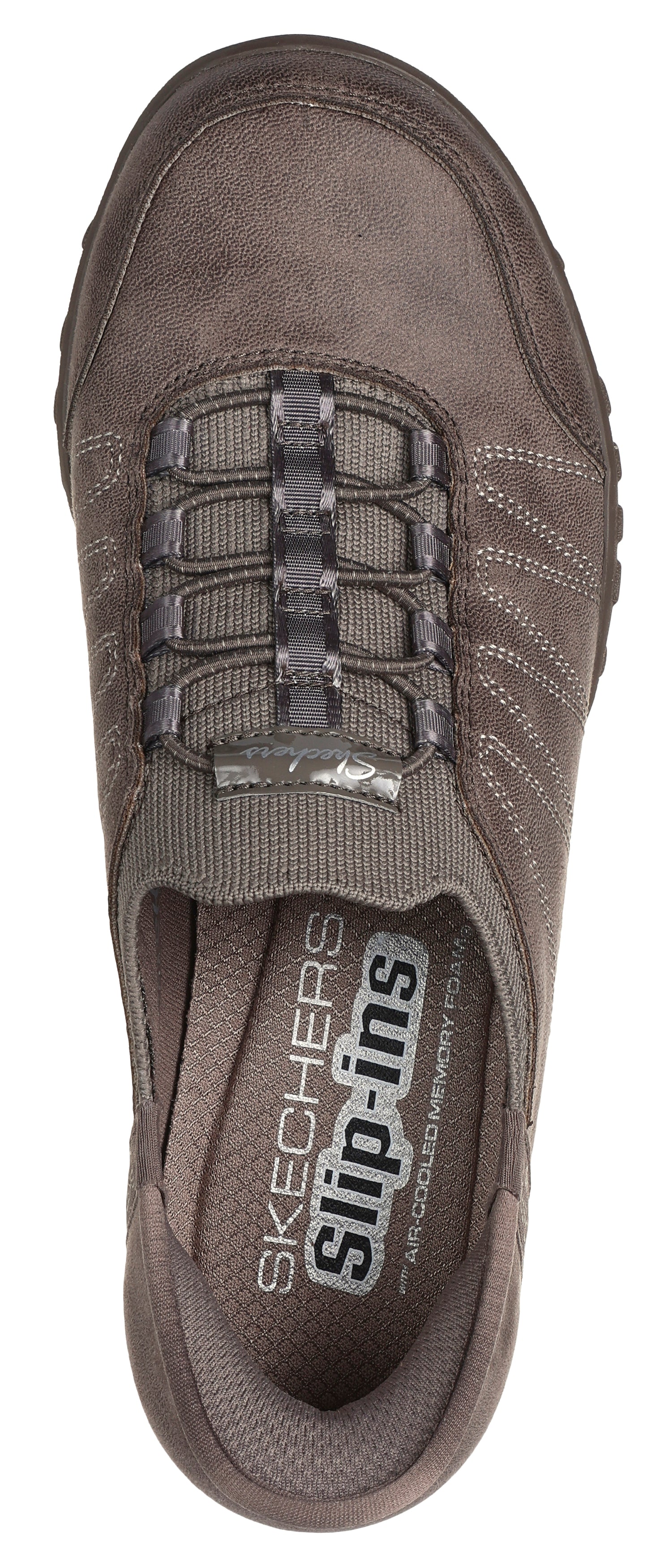 taupe Slip-ins shoe with elastic laces and visible "SKECHERS Slip-ins" branding inside