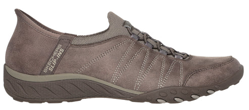 Taupe slip-on casual shoe with elastic laces.