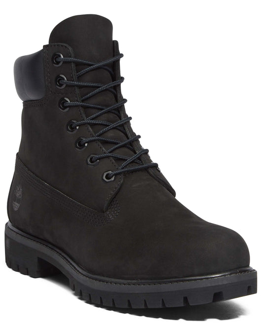 Black nubuck work boot with a padded collar and lace up closure.