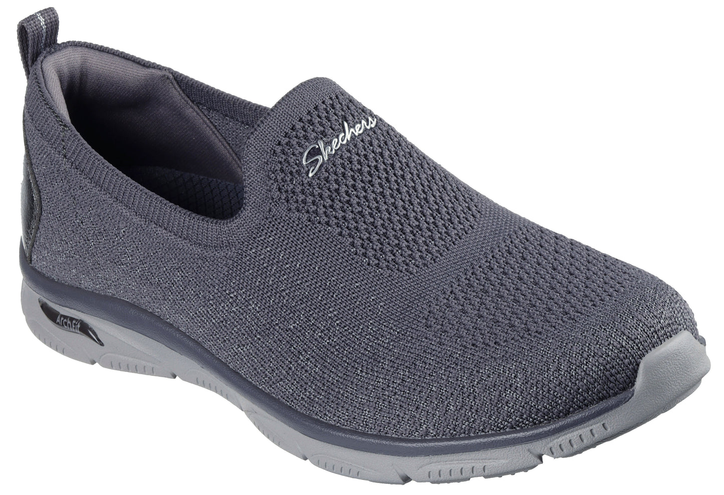 Slip-on shoe, gray knit upper, arch support midsole, and “Skechers” logo.