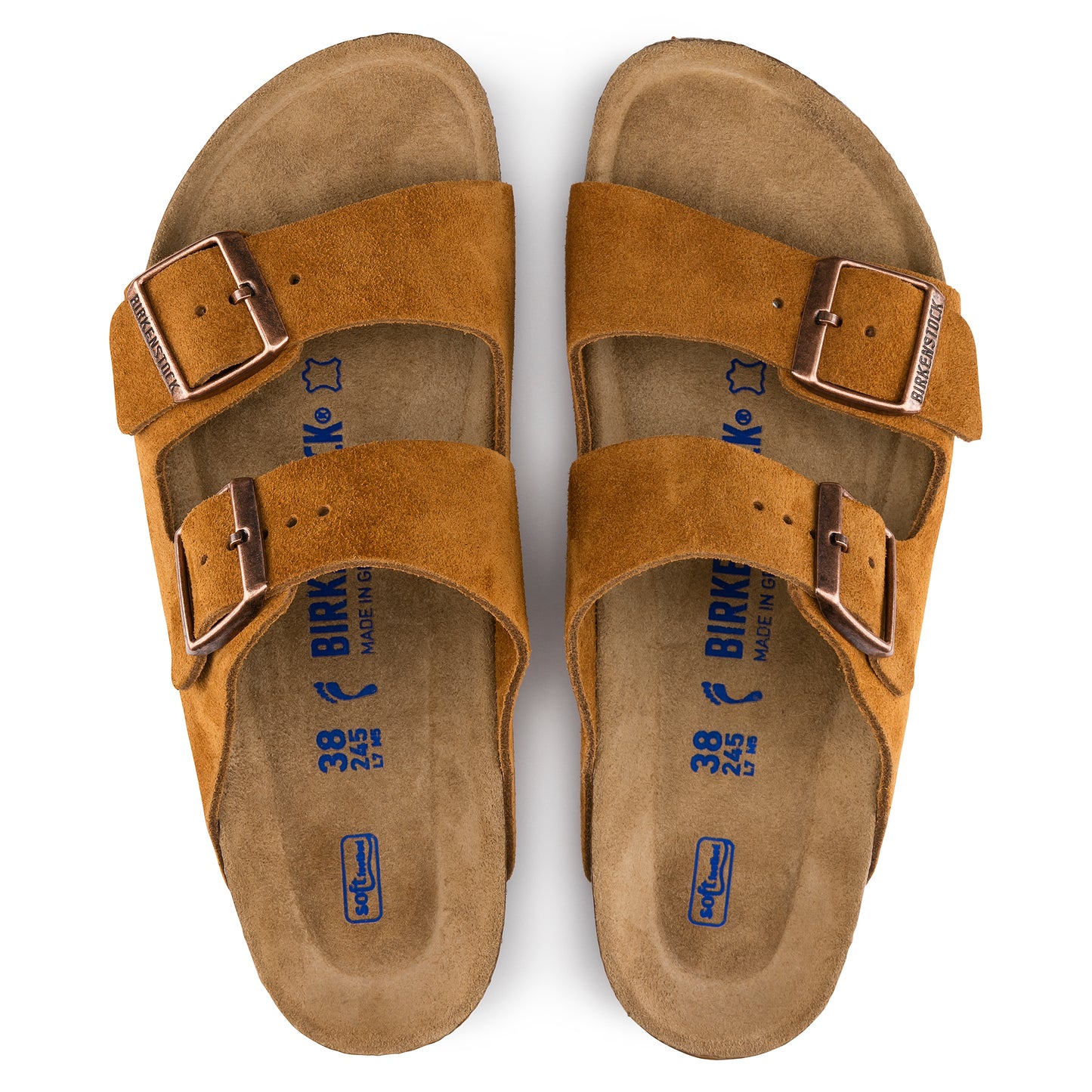A pair of brown suede sandals with adjustable straps and metal buckles, showing the footbed with visible size markings.
