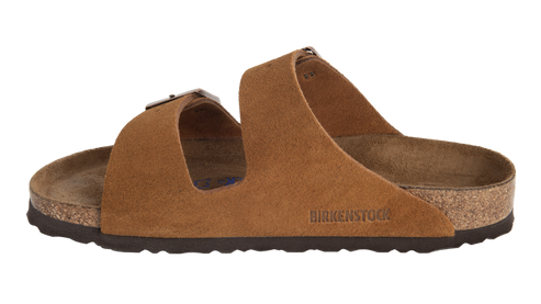 Brown suede sandal with asymmetrical strap and "BIRKENSTOCK" logo.