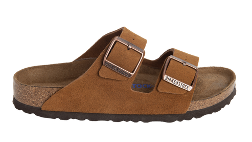 Brown suede two-strap sandal with adjustable metal buckles.