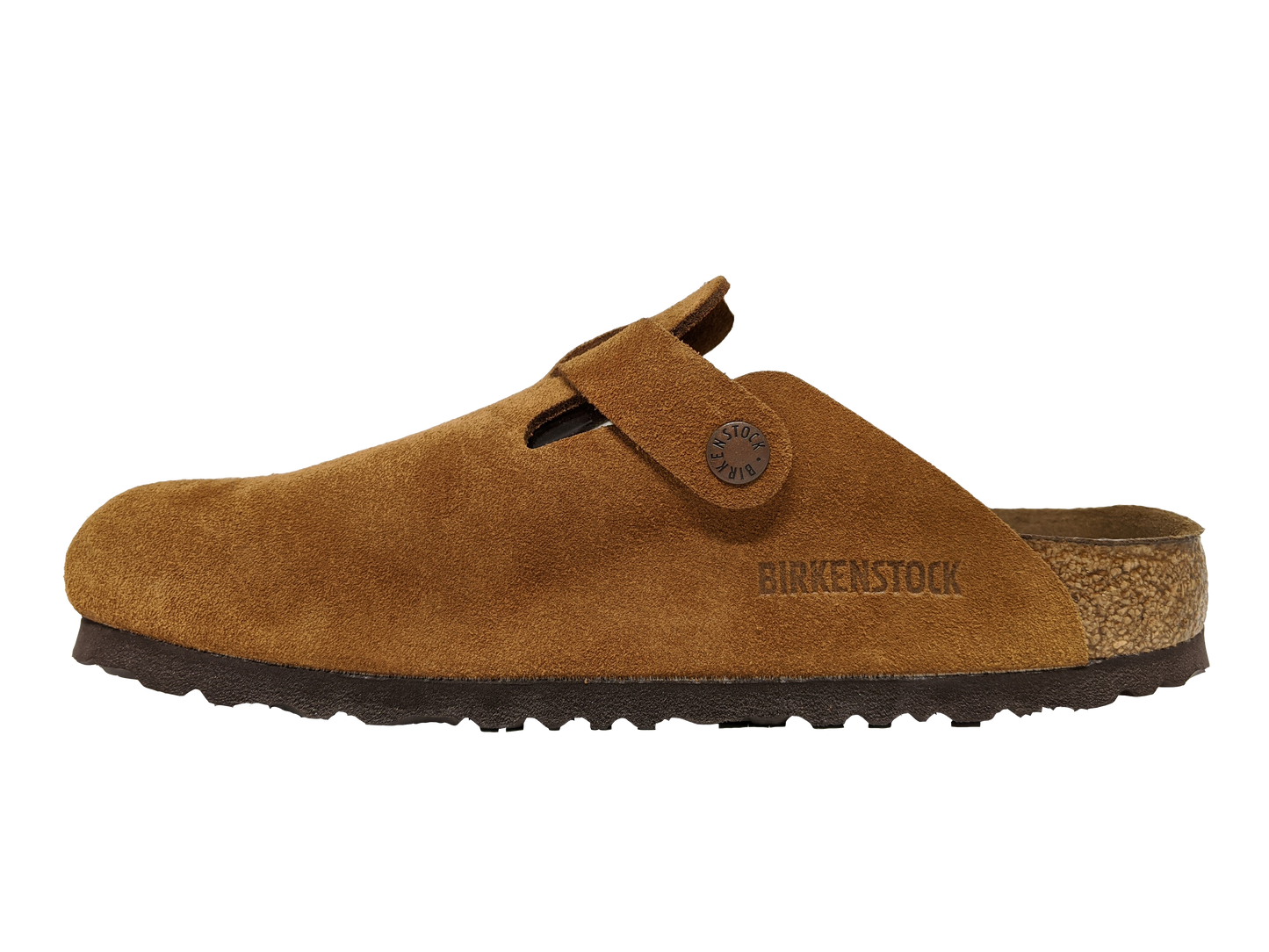 Side view of a brown suede clog with a strap and buckle.