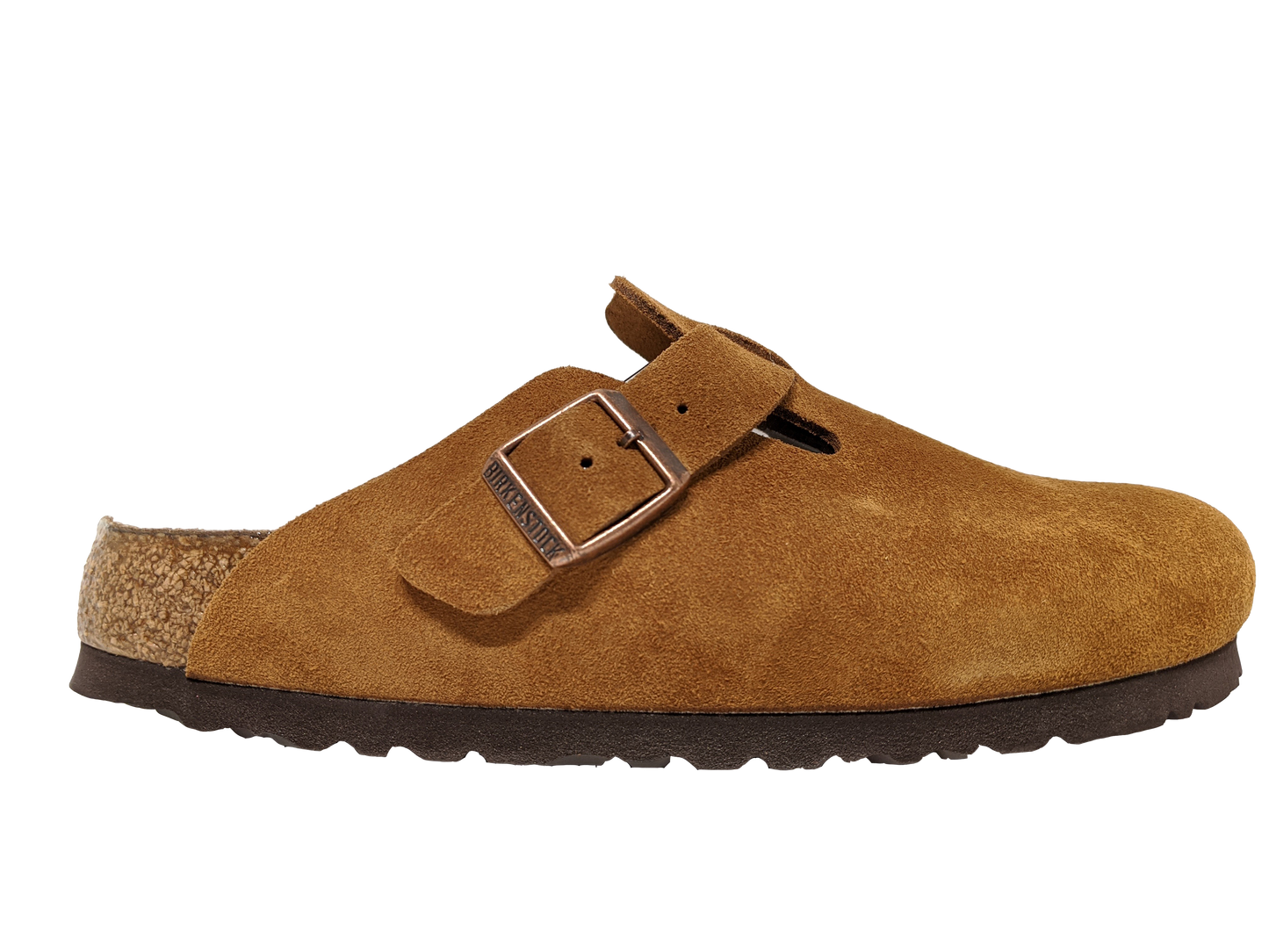 Suede clog with adjustable buckle and cork sole.