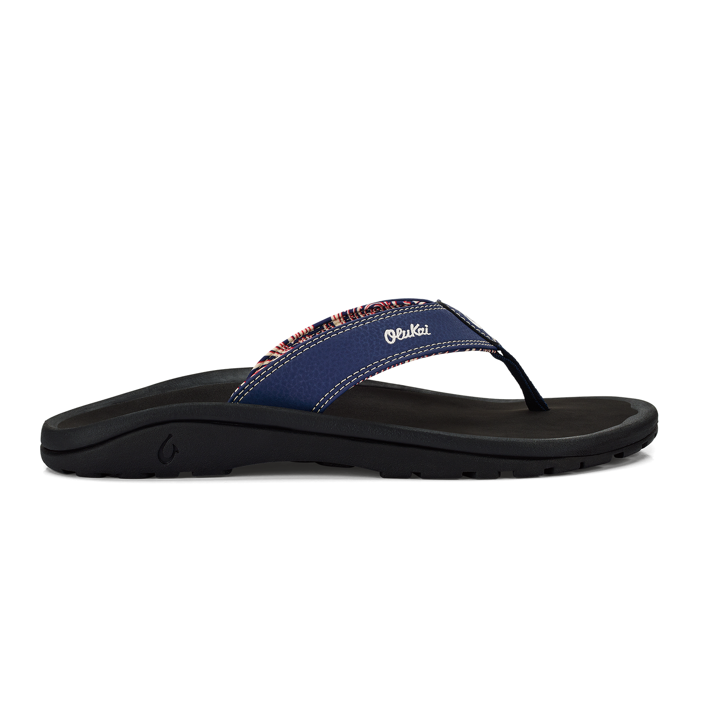 Blue flip-flop sandal with decorated strap and black sole.
