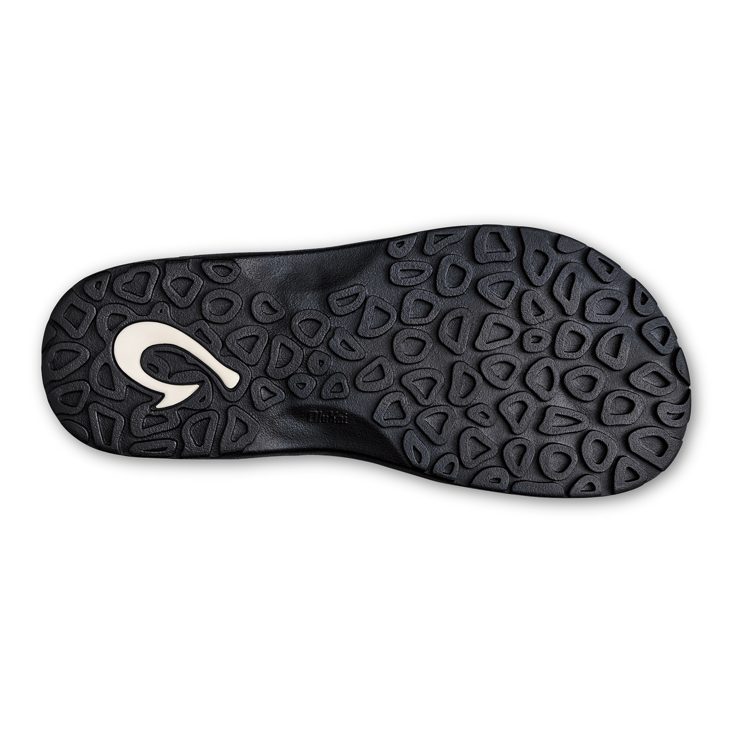 Black sandal sole with textured pattern and white logo.