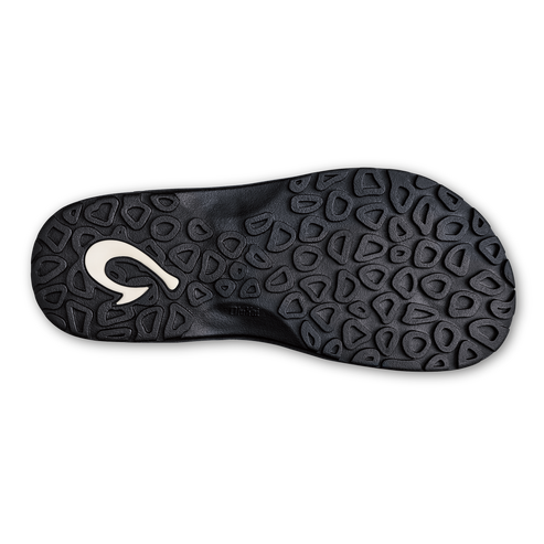 Black sandal sole with textured pattern and white logo.