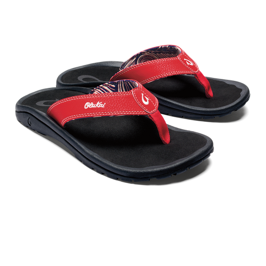 A pair of red and black flip-flops.