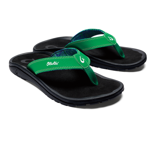 Pair of black and green flip-flops.