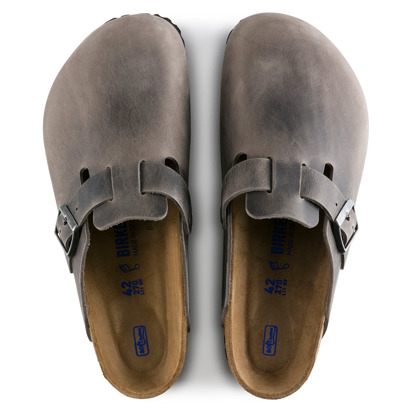 Overhead view of two grey leather clogs with a buckle strap.