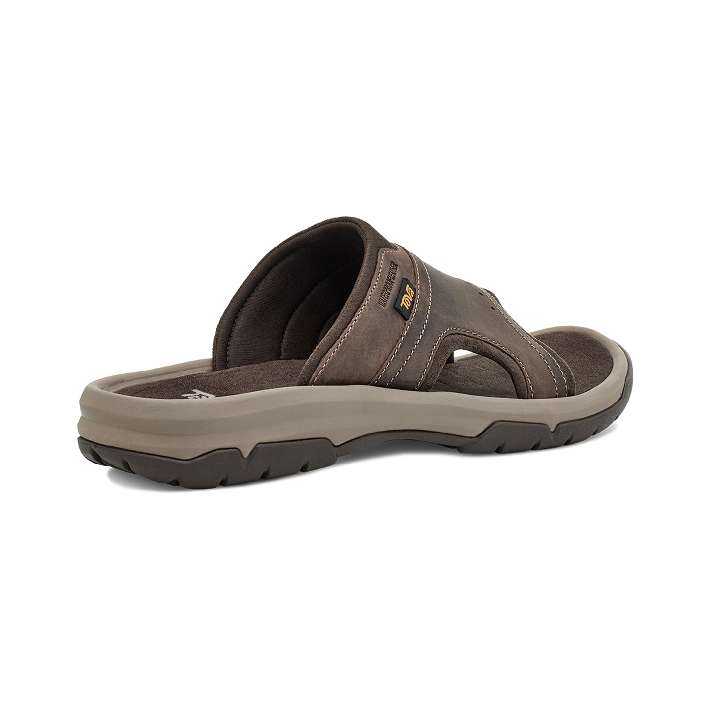 Brown slide sandal with toe loop and thick sole, rear view.