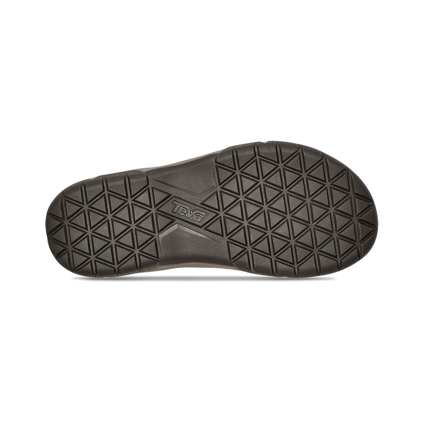 Textured dark sole of sandal with logo 'TEVA'.
