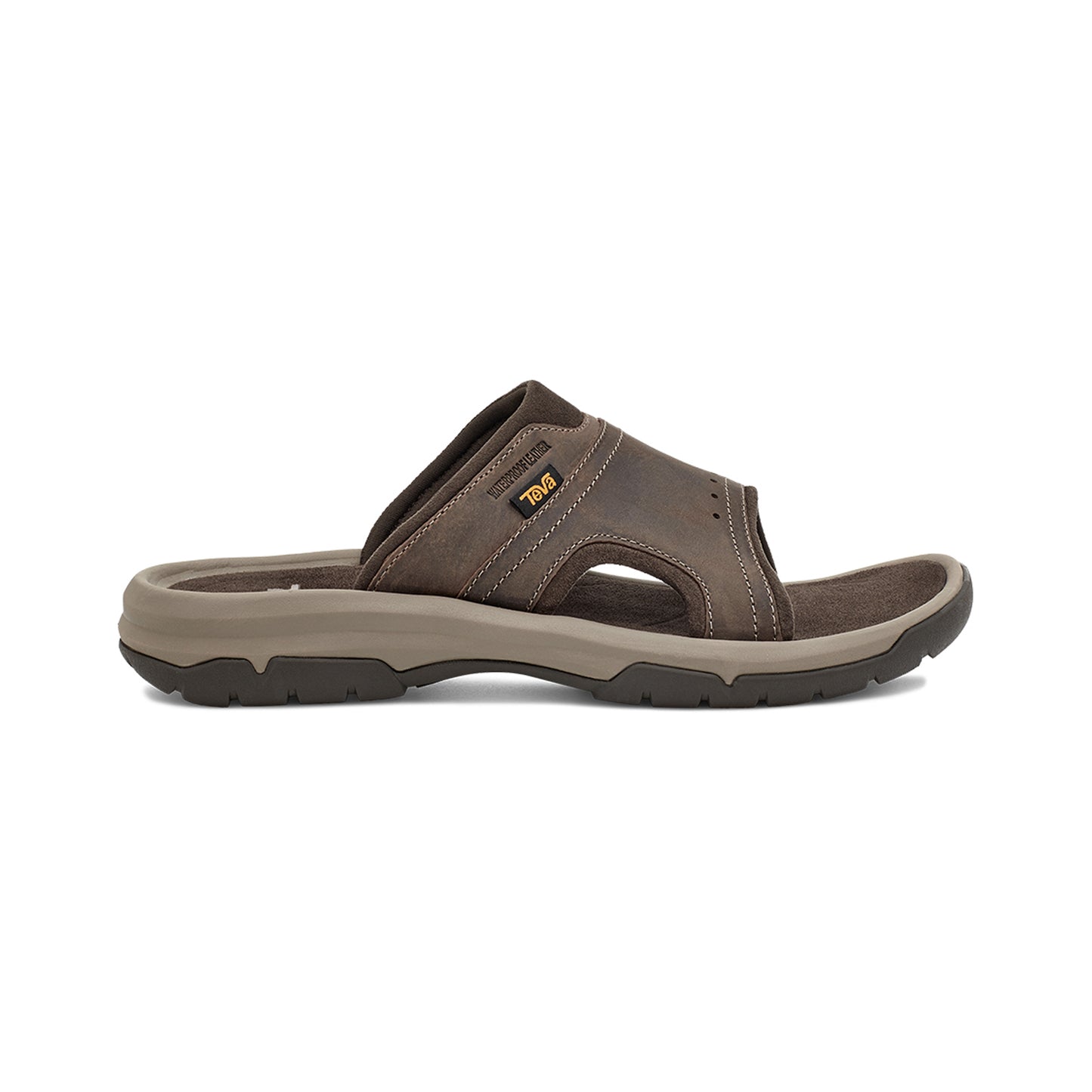 A brown, leather slip-on sandal with a textured sole.