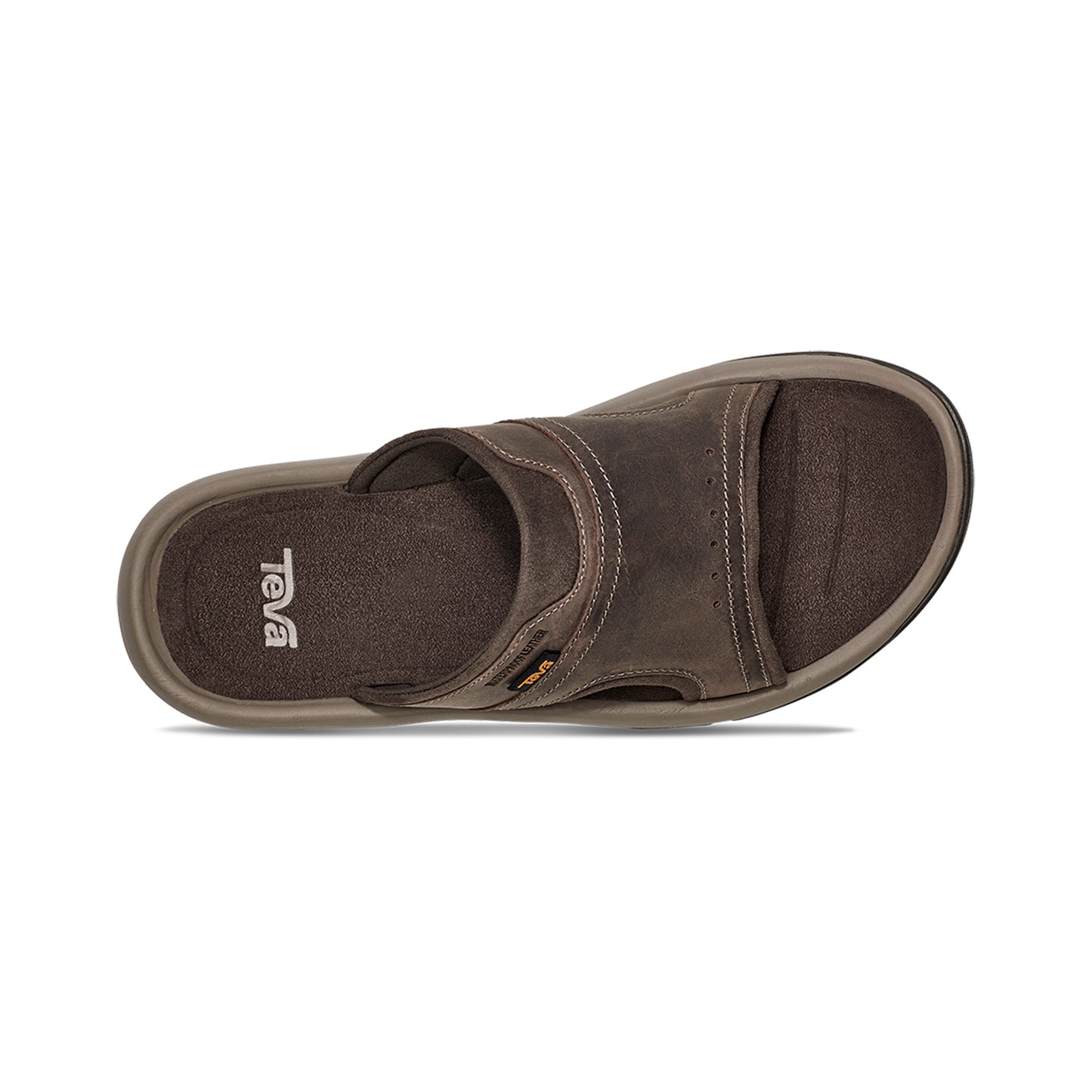 Top-down view of a brown slide sandal with a wide strap over the foot and visible branding.