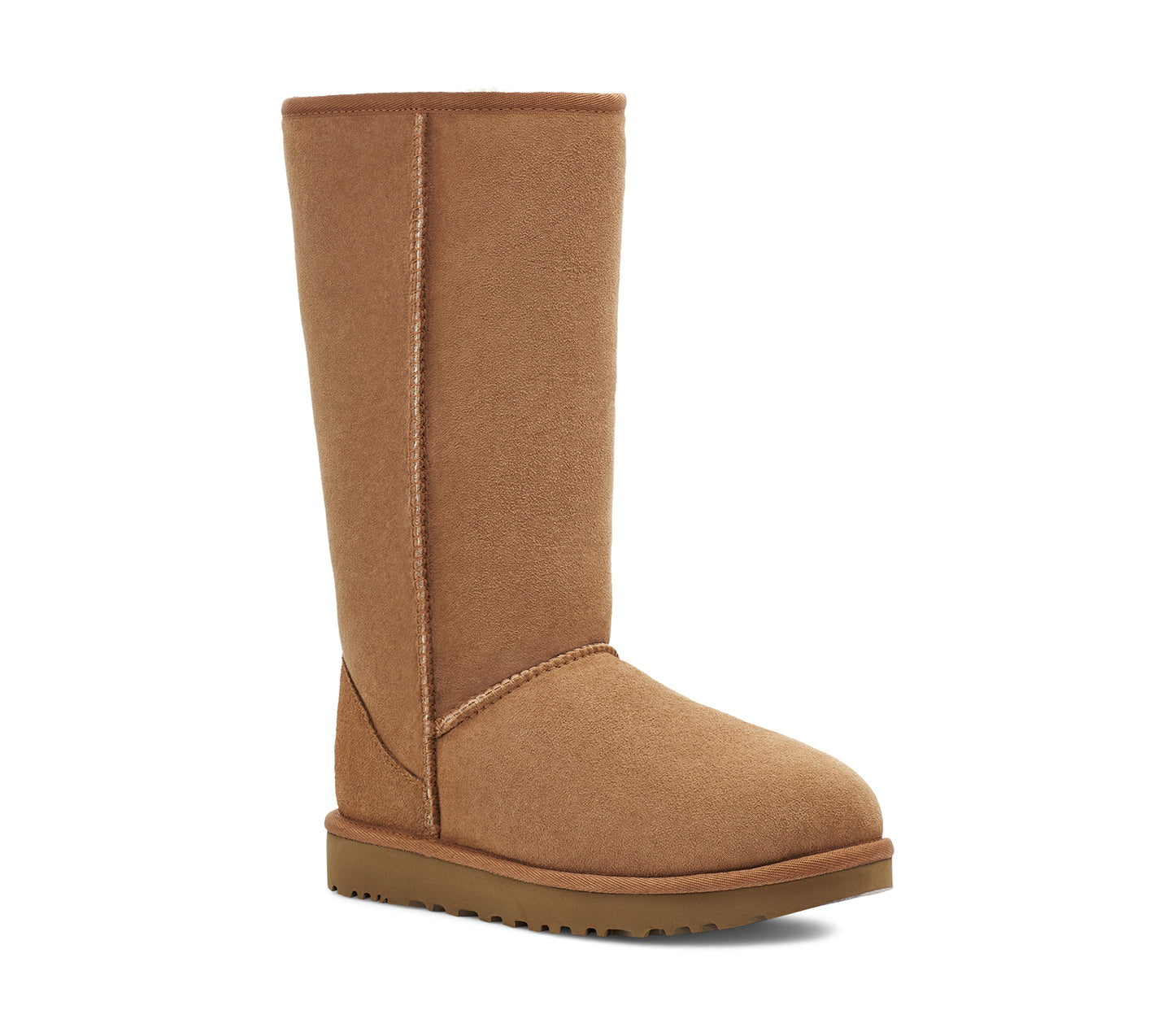 Knee high, brown suede boot with rounded toe and flat sole