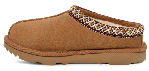 A brown suede slipper with a patterned trim.
