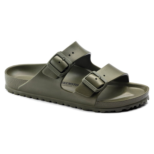Olive green, two-strap sandal with adjustable buckles.