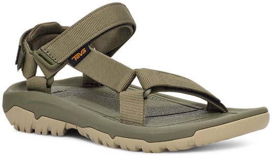 Olive-green sandal with fabric straps.