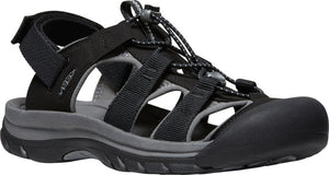 Black sandal with a black foot covering, and black adjustable velcro strap, black and gray bungee lacing, and gray sole.