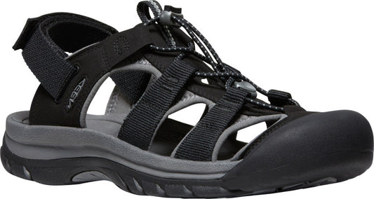 Black sandal with a black foot covering, and black adjustable velcro strap, black and gray bungee lacing, and gray sole.