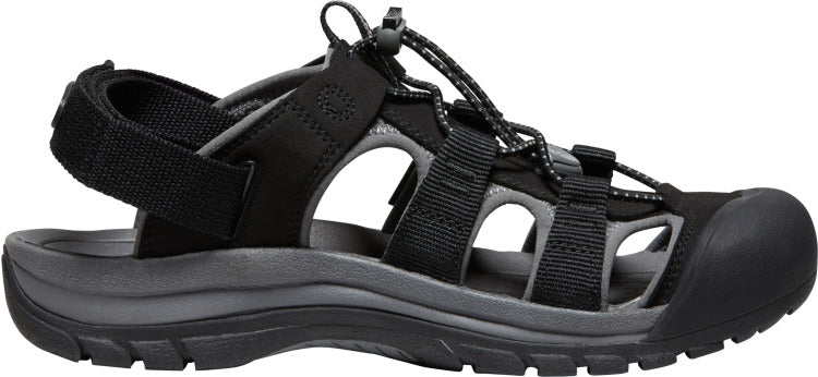 A black sandal with a toe cover and adjustable straps.