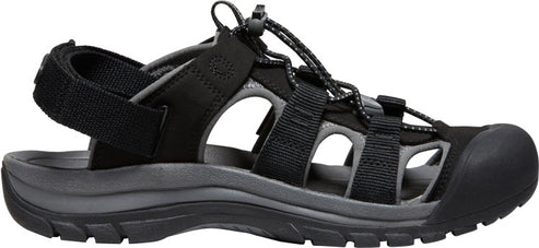 A black sandal with a toe cover and adjustable straps.