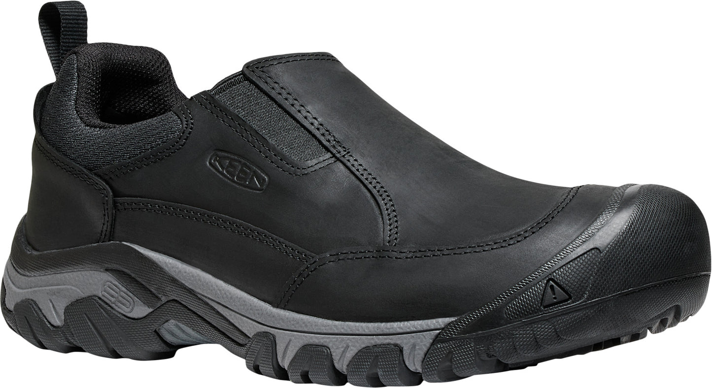 Black slip-on shoe with a rounded toe and rubber sole.