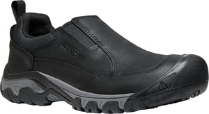 Black slip-on shoe with a rounded toe and rubber sole.