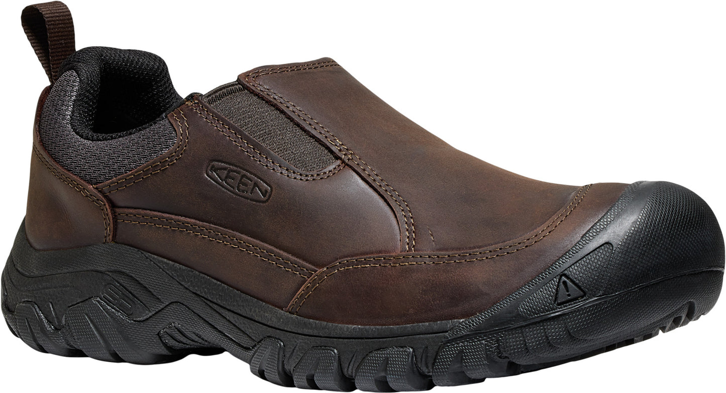 Slip-on casual shoe with brown leather upper, black trim and sole.
