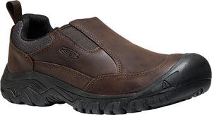 Slip-on casual shoe with brown leather upper, black trim and sole.
