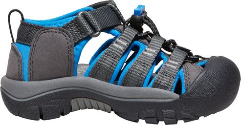 A dark gray sandal with blue lining and gray straps, featuring a closed black toe.