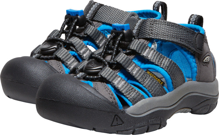Gray and blue striped sandals with black toe caps and adjustable straps.