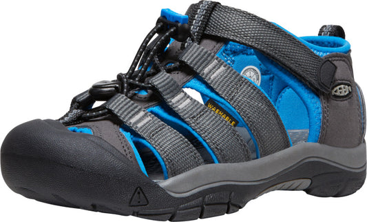 Blue and gray water shoe with black toe and gray straps, a bungee lace and velcro closure.