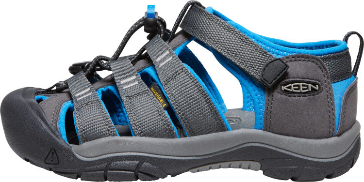 Gray and blue sport sandal with protective toe cap and adjustable straps.