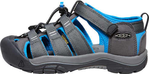 Gray and blue sport sandal with protective toe cap and adjustable straps.