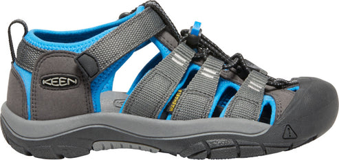 A sandal with gray straps and a blue inner lining.