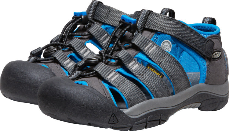 Pair of closed-toe water sandals with black sole, gray accents, blue lining and gray straps.