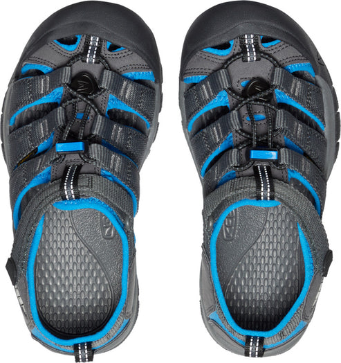 Top-down view of a pair of open-toed athletic sandals with gray and blue straps and dark soles, showing intricate strap and tread designs.