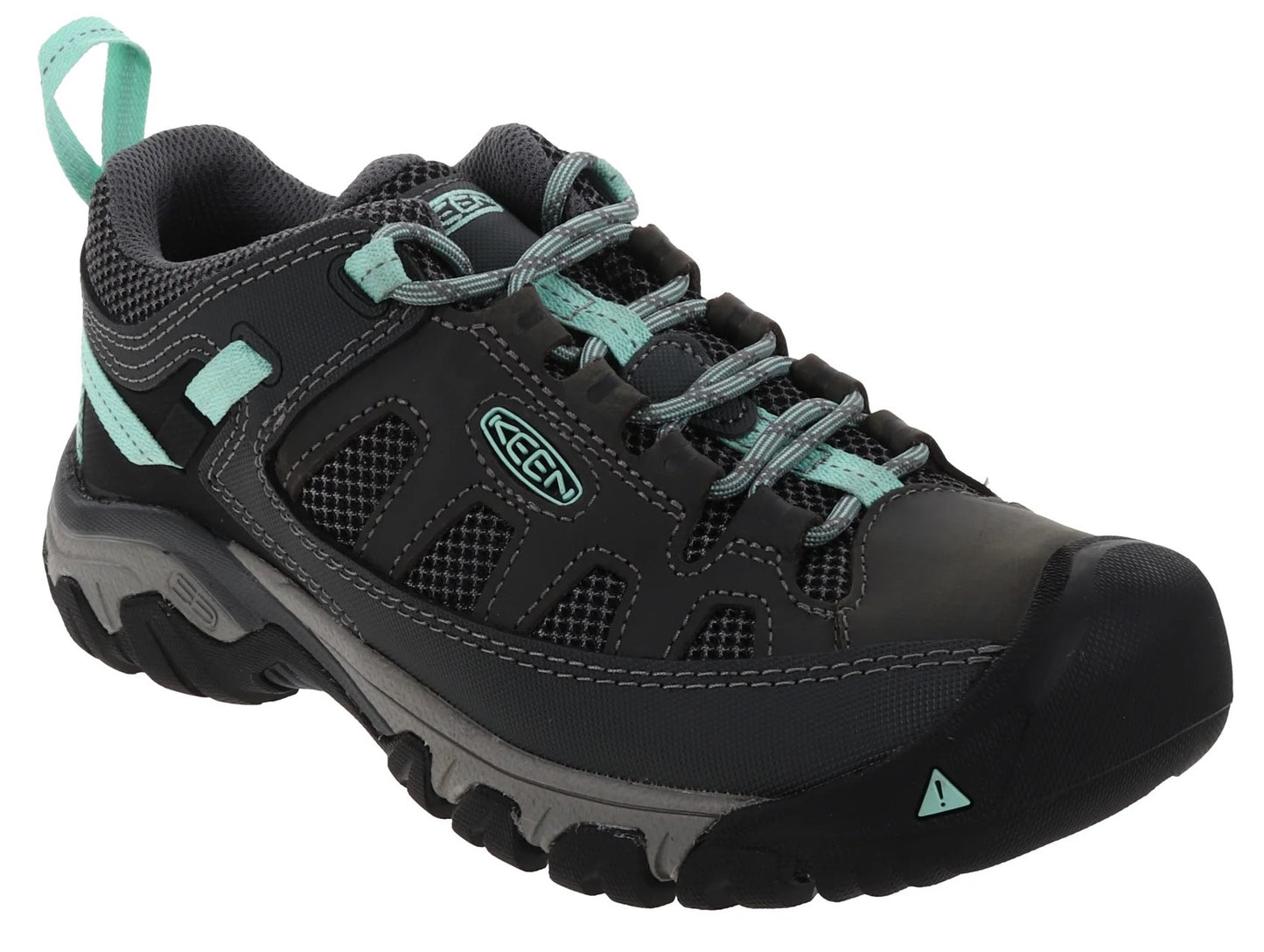A gray and teal walking shoe with a black toe cap.
