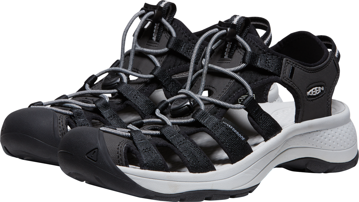 Pair of sandals with black straps and toe bumper, white sole, and gray laces.