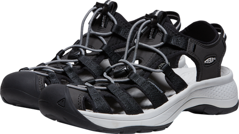 Pair of sandals with black straps and toe bumper, white sole, and gray laces.