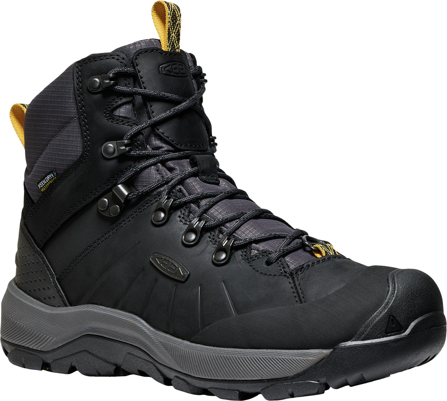 Black high-top boot with gray accents and yellow pull tab.