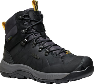 Black high-top boot with gray accents and yellow pull tab.