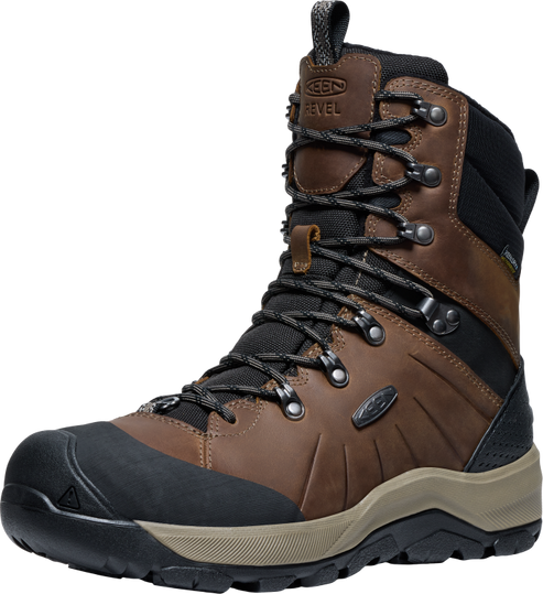 High-cut, brown leather boot with black laces and accents, featuring metal eyelets and a thick, tan sole.